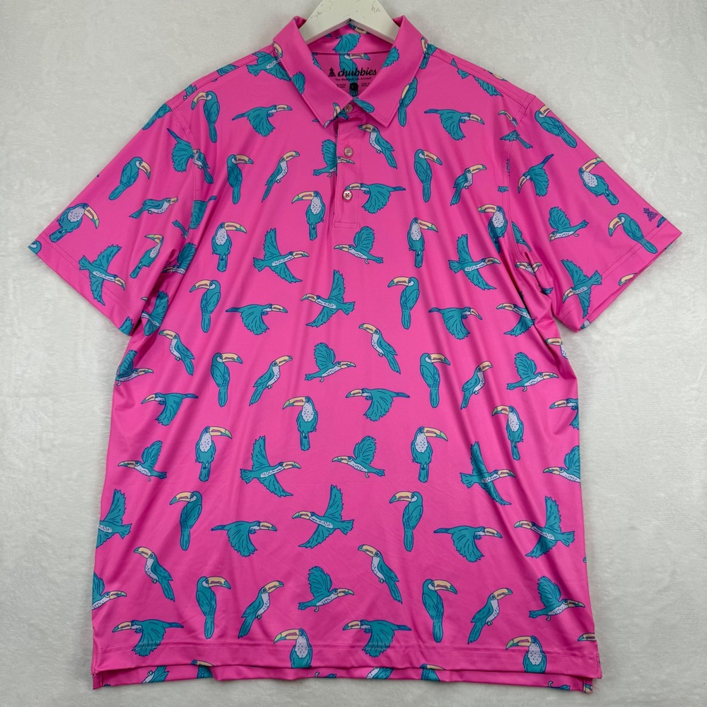 Chubbies Mens XL Pink Toucan Bird Print Performance Golf Polo Shirt SS24CA1027B
